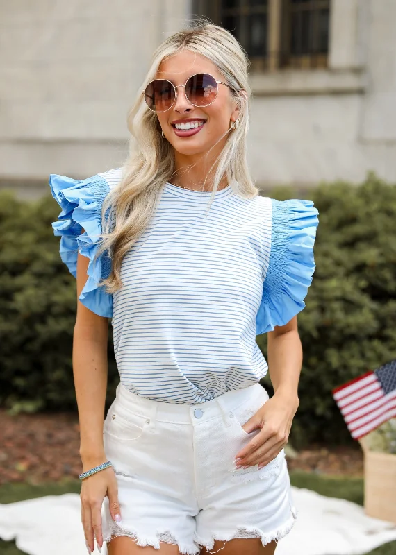 FINAL SALE - Easily Enjoyed Blue Striped Ruffle Sleeve Blouse Collared Satin Blouse