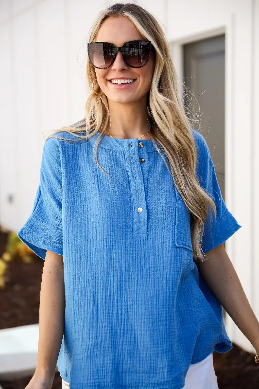 FINAL SALE - Effective Aura Blue Linen Blouse Feminine Satin Blouse