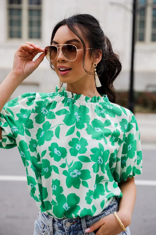 Embrace The Aesthetic Green Floral Blouse Bell Sleeve Blouse