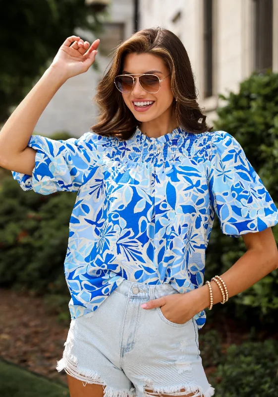 Essentially Sweet Blue Floral Puff Sleeve Blouse Off-Shoulder Wrap Blouse