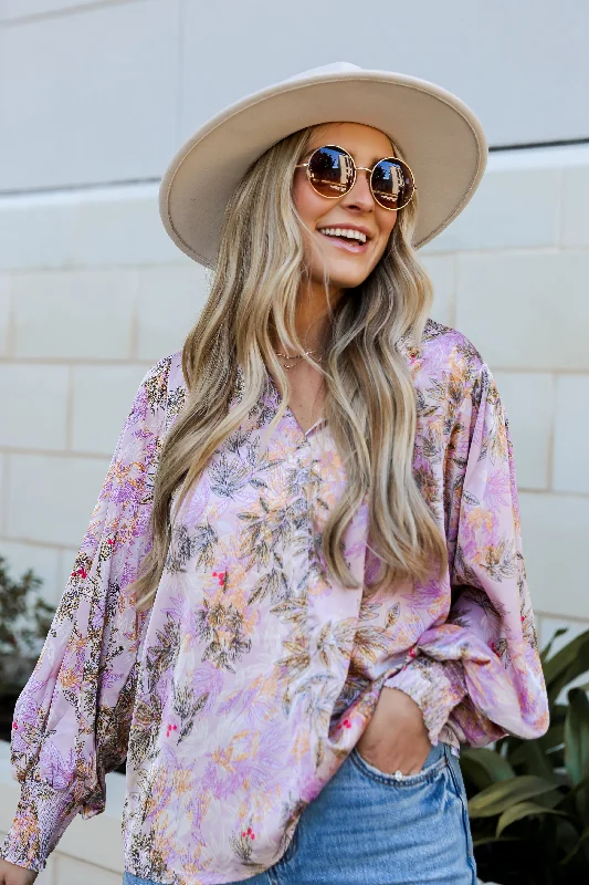 FINAL SALE - Exclusive Glamour Lavender Satin Floral Blouse Sheer Sleeve Blouse