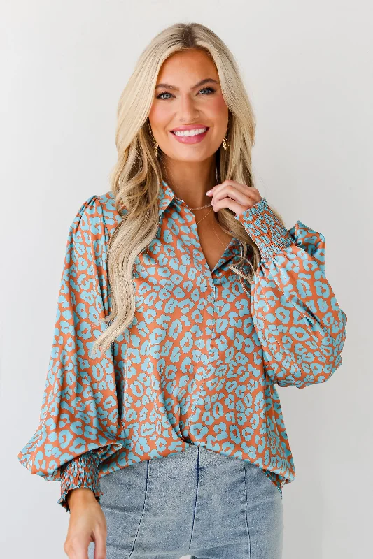 FINAL SALE - Instant Attraction Light Blue Satin Leopard Blouse Modern Oversized Blouse