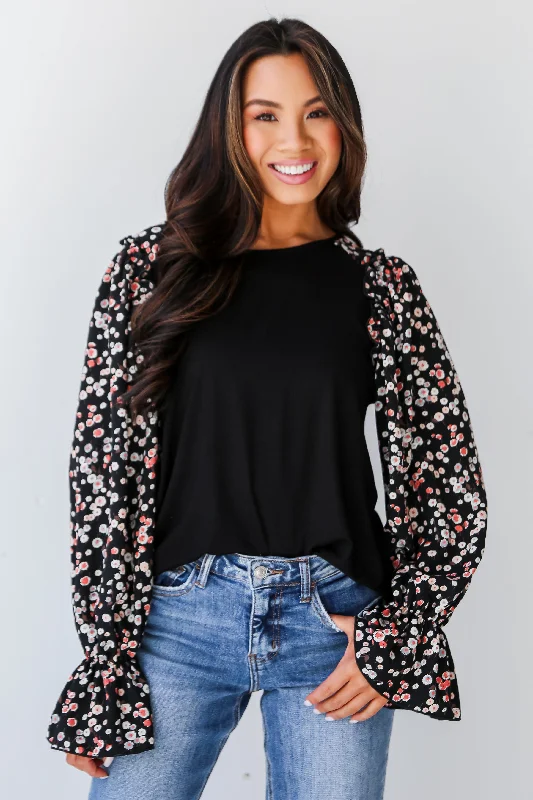 FINAL SALE - Instinctively Sweet Black Floral Sleeve Blouse Embroidered Floral Blouse