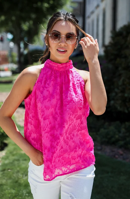 FINAL SALE - Love Story Hot Pink Textured Floral Sleeveless Blouse Modern Work Blouse