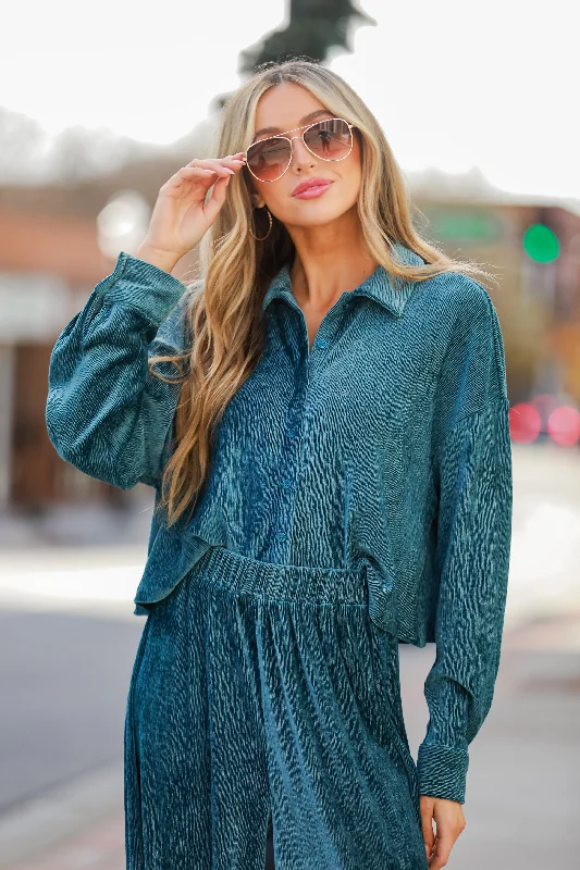 FINAL SALE - Luxurious Dream Teal Velvet Plisse Blouse Everyday Stylish Blouse