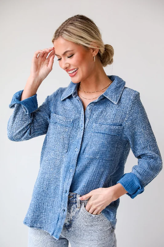 FINAL SALE - Morgan Denim Linen Button-Up Blouse - DU DEAL Stylish Wrap Blouse