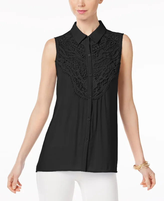 NY Collection Sleeveless Lace Trim Blouse Embellished Collar Blouse