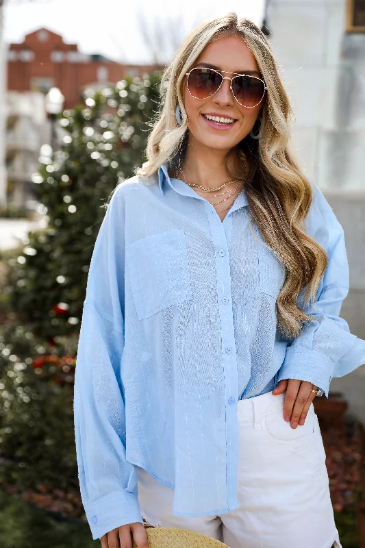 FINAL SALE - Official Trendsetter Pinstripe Oversized Button-Up Blouse Boho Chic Blouse