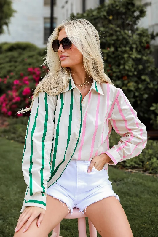 FINAL SALE - Officially Cute Pink Color Block Striped Oversized Button-Up Blouse Slim Fit Blouse