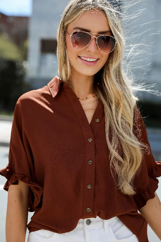 FINAL SALE - Poised Confidence Mocha Oversized Blouse Feminine Satin Blouse