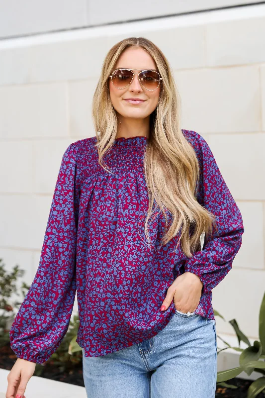 FINAL SALE - Radiantly Cute Burgundy Smocked Floral Blouse Smart Business Blouse