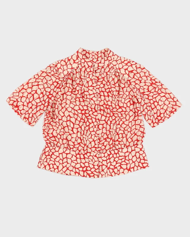 Red And Cream Patterned Short Sleeve Blouse - M Versatile Layering Blouse