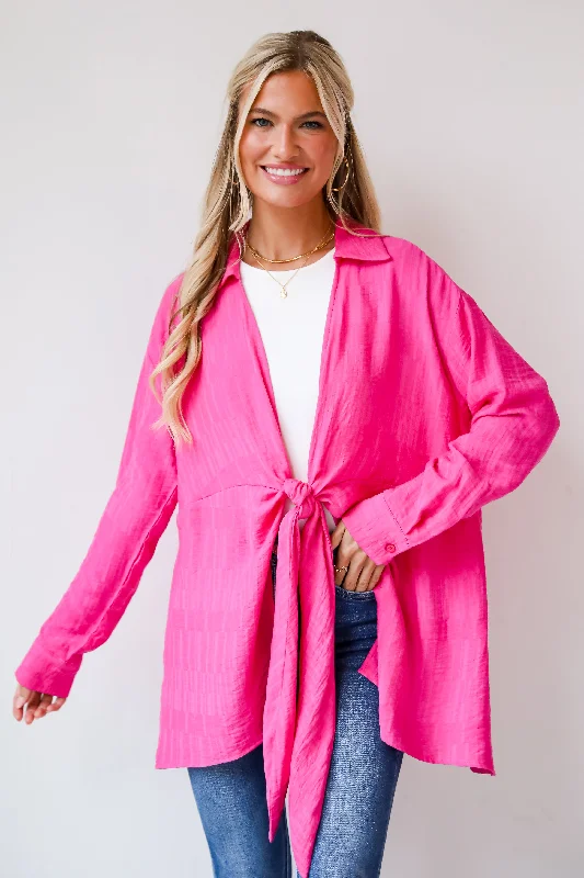 FINAL SALE - Redefined Elegance Hot Pink Tie-Front Blouse Drape Neck Blouse