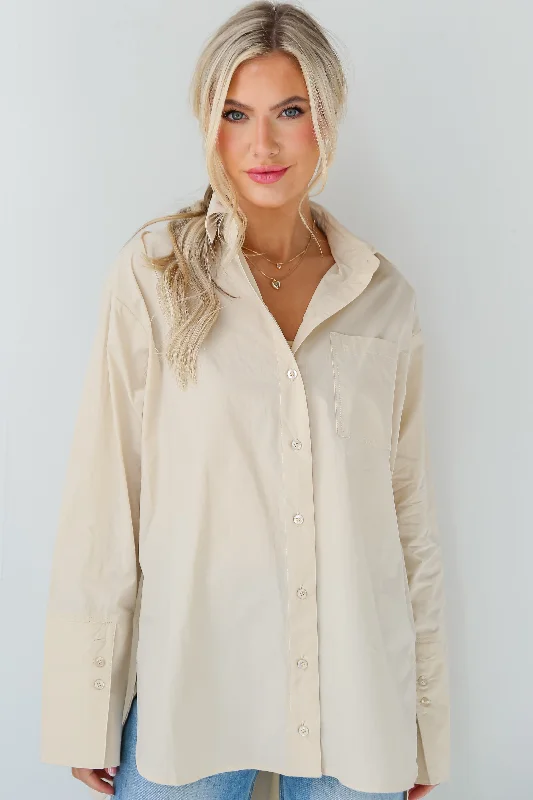 FINAL SALE - Sleek Mindset Khaki Button-Up Blouse Feminine Puff Blouse