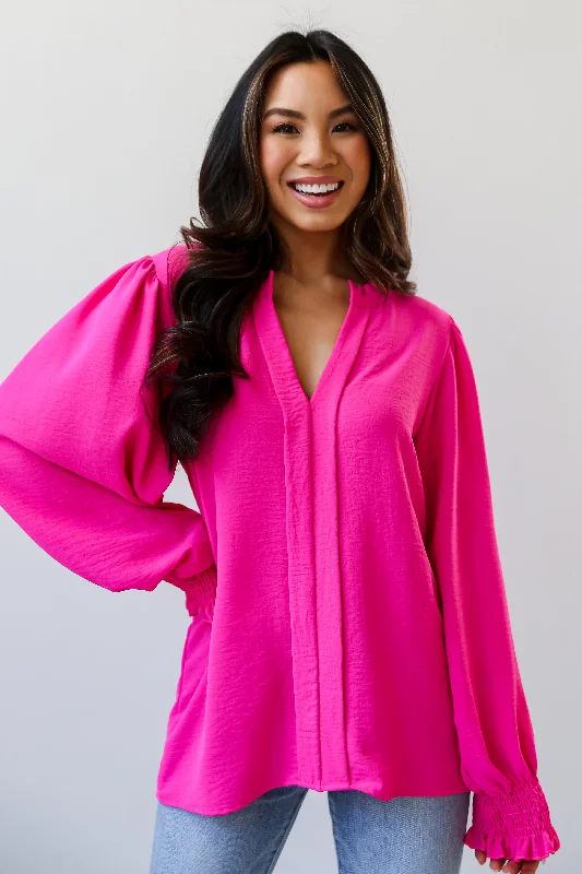 FINAL SALE - Social Sensation Hot Pink Blouse Stretchy Fitted Blouse