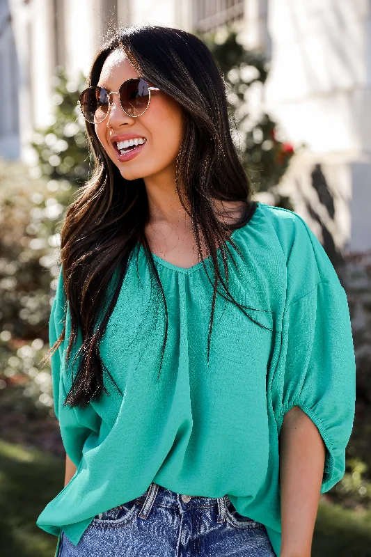 FINAL SALE - Sophisticated Decision Green Puff Sleeve Blouse Sheer Sleeve Blouse