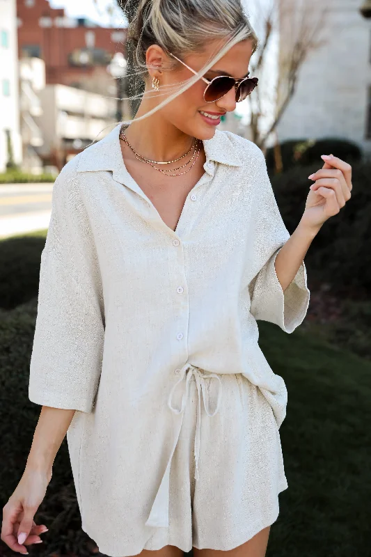 FINAL SALE - Summer Escapades Oatmeal Linen Blouse - DU DEAL Lightweight Chiffon Blouse