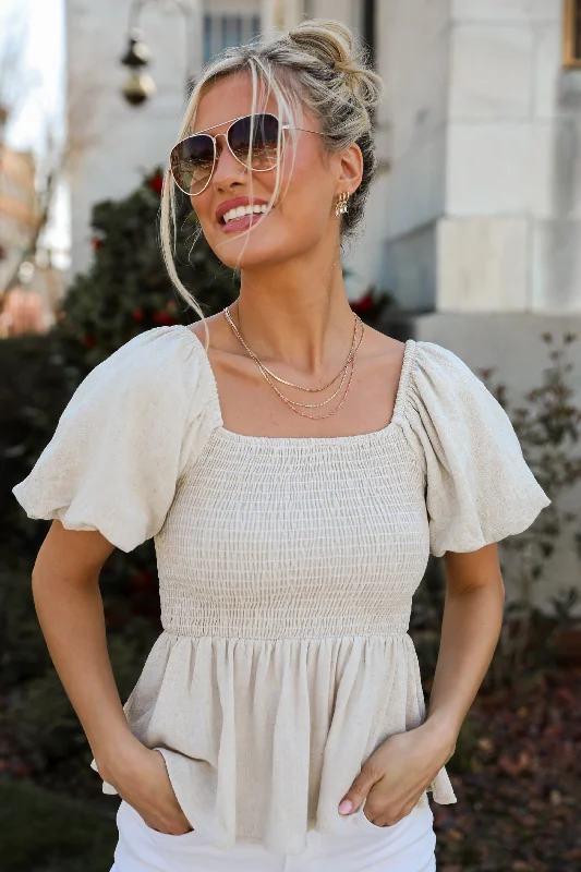 Sunny Day Strolls Natural Linen Smocked Peplum Blouse Puff Sleeve Blouse