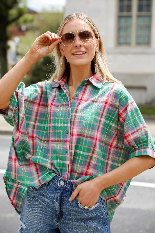 FINAL SALE - Surely Charmed Green Plaid Blouse Double Button Blouse