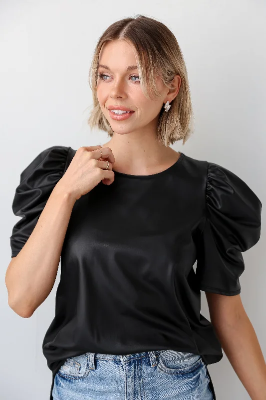 FINAL SALE - Trendsetting Direction Black Puff Sleeve Leather Blouse Satin Bow Blouse