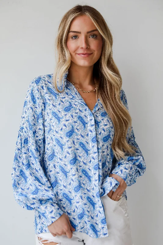 FINAL SALE - Truly Delightful Blue Paisley Blouse Chic Ruffle Blouse