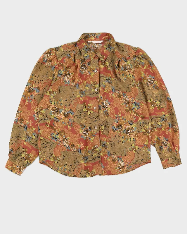 Vintage 90s Luk Yan Brown Floral Blouse - L Feminine Satin Blouse