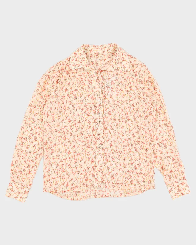 Vintage Floral Cream & Pink Blouse - M Mandarin Collar Blouse