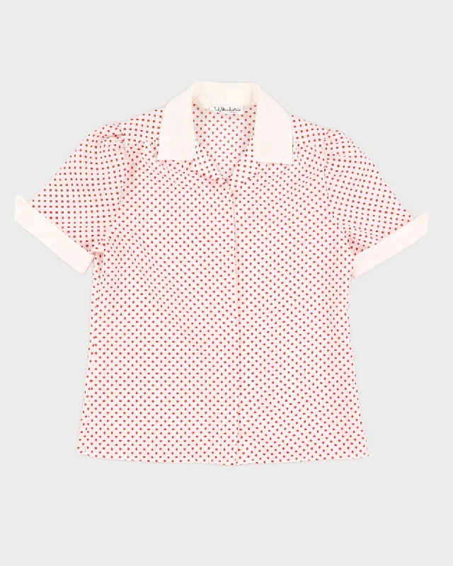 White With Red Squares Short Sleeve Blouse - S Frilled Cuff Blouse