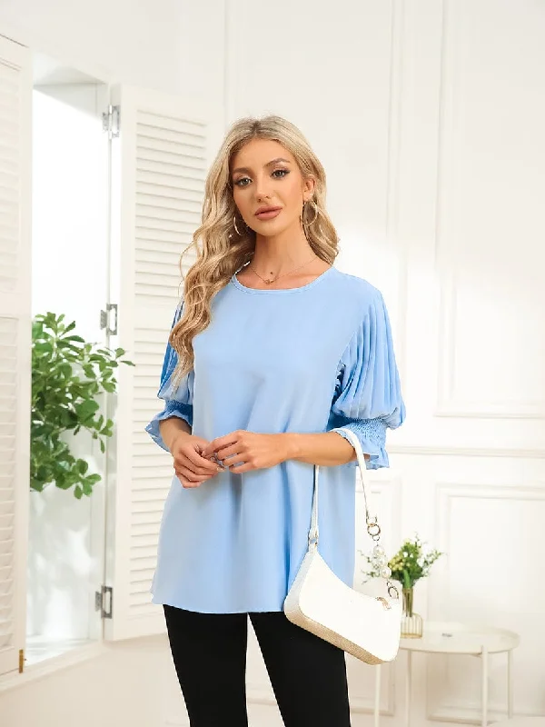 Solid Color Round Neck Ruffle Sleeve Chiffon Blouse Romantic Lace Blouse