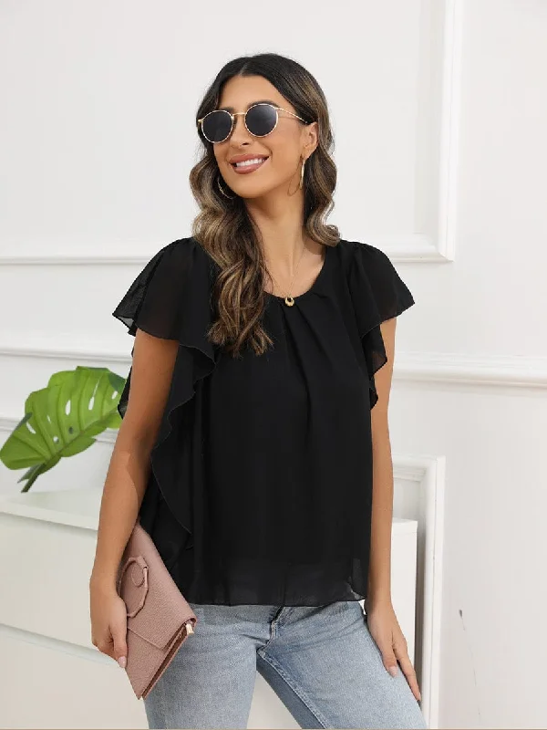 Solid Color Round Neck Short Sleeve Loose Chiffon Blouse Loose Oversized Blouse