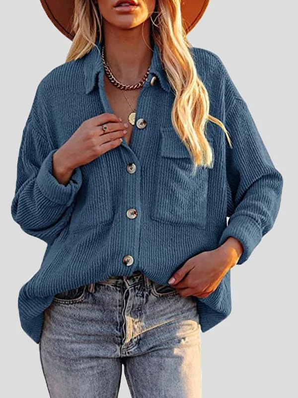 Button-Up Corduroy Long Sleeve Blouses with Pockets Delicate Bow Blouse