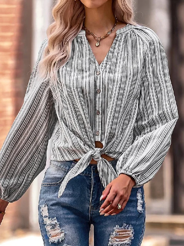 Stylish Slim Fit V-Neck Striped Long Sleeve Blouse Elegant Office Blouse