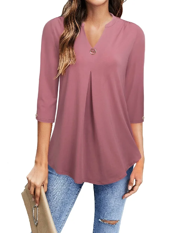 Casual V-Neck Loose Fit Blouse with Mid-Length Sleeves Modern Work Blouse