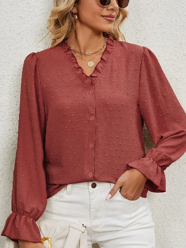 V Neck Solid Color Cut Flower Chiffon Blouse Peter Pan Collar Blouse