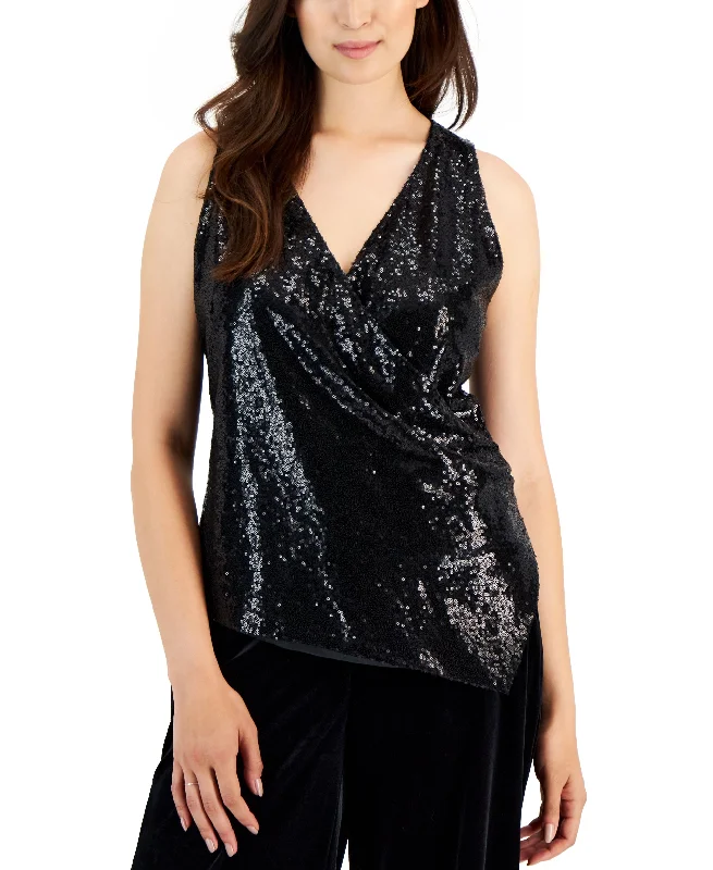 Women's Drape-Front Sleeveless Sequin Blouse Casual Relaxed Blouse