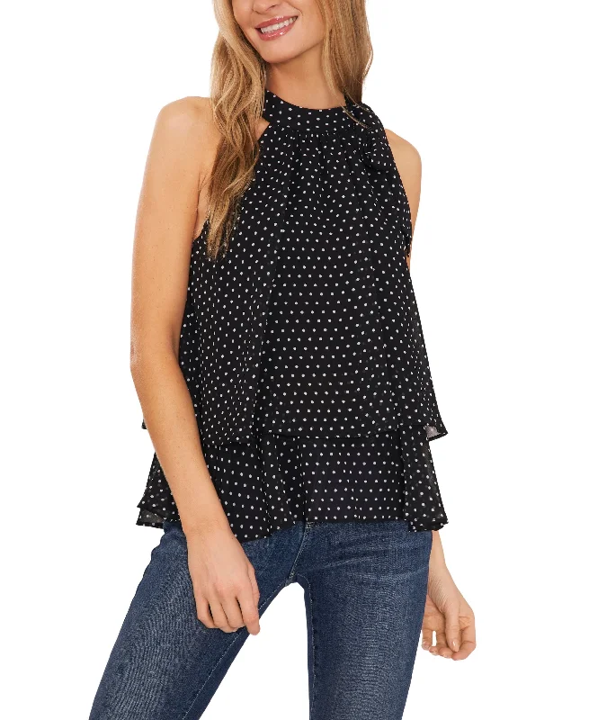 Women's Polka Dot Double Layer Sleeveless Halter Blouse Collared Satin Blouse