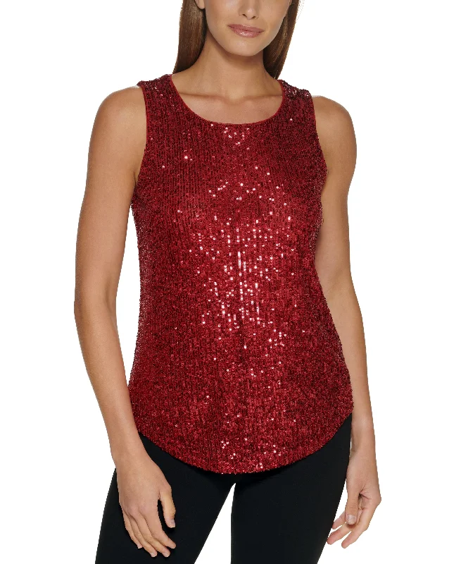 Women's Sequined Sleeveless Crewneck Blouse Lightweight Floral Blouse