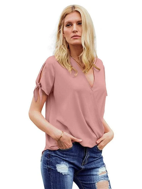 Women's Short Sleeve Knotted Cuff Blouse Satin Drape Blouse