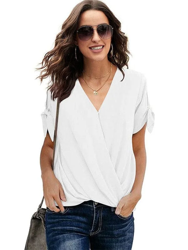 Women's V-Neck Knotted Short Sleeve Blouse Playful Puff Blouse