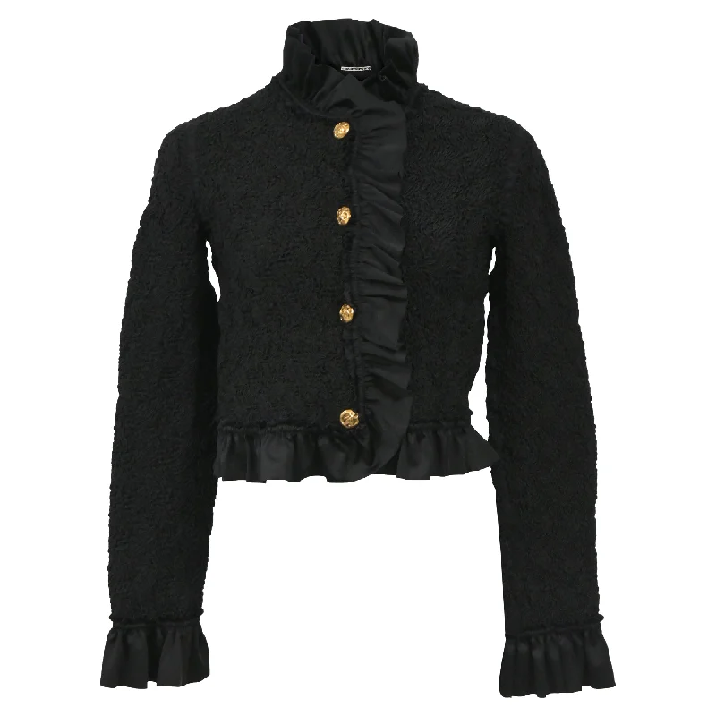 Alexander Wang Cropped Ruffled Stretch-Seersucker Jacket in Black Polyamide Denim Fabric Leather Fabric Suede Fabric