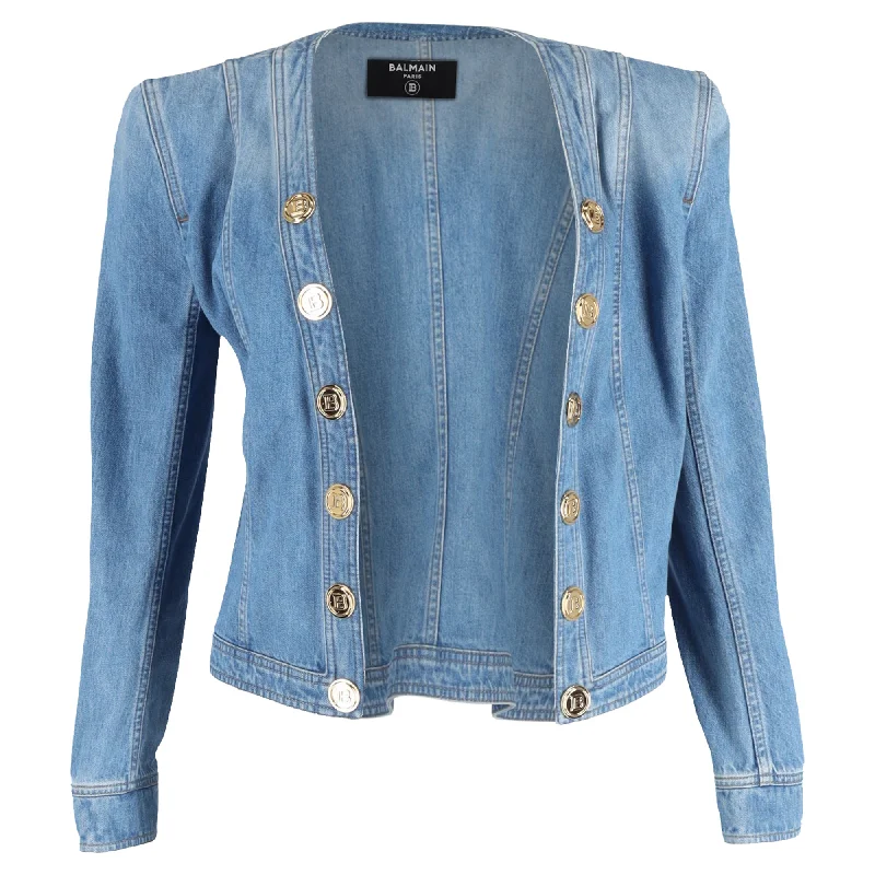 Balmain Button-Embellished Denim Jacket in Light Blue Cotton Layered Multi-layer Single Layer