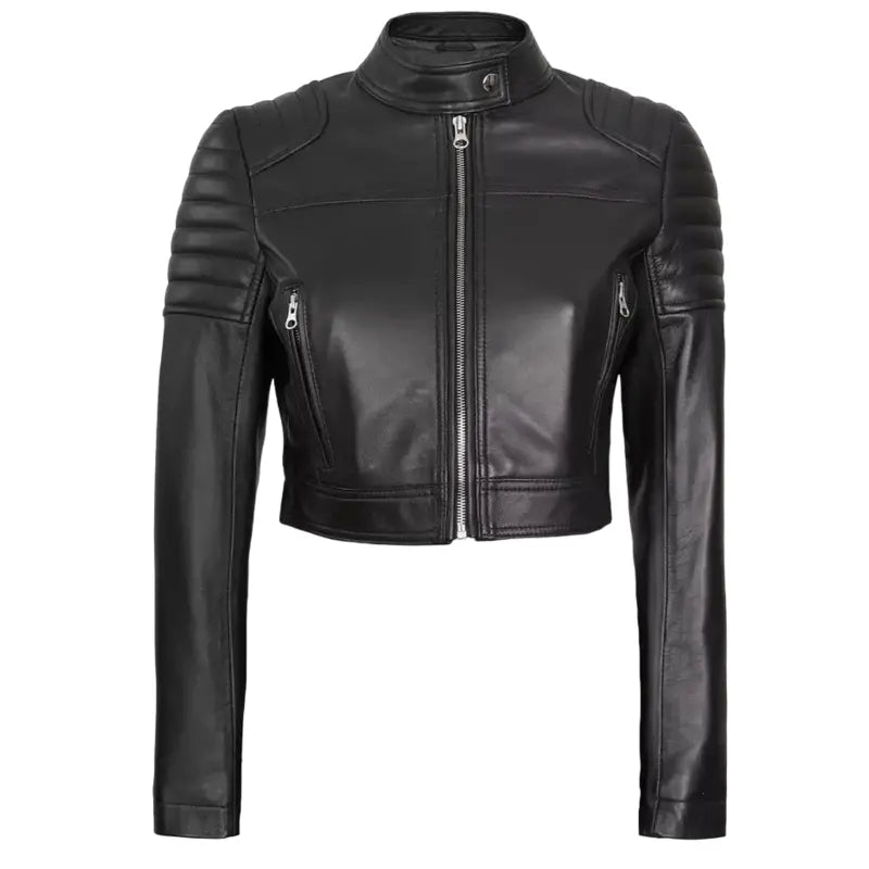 Women's Black Crop Moto Leather Jacket Terry Blend Velvet Blend Canvas Blend