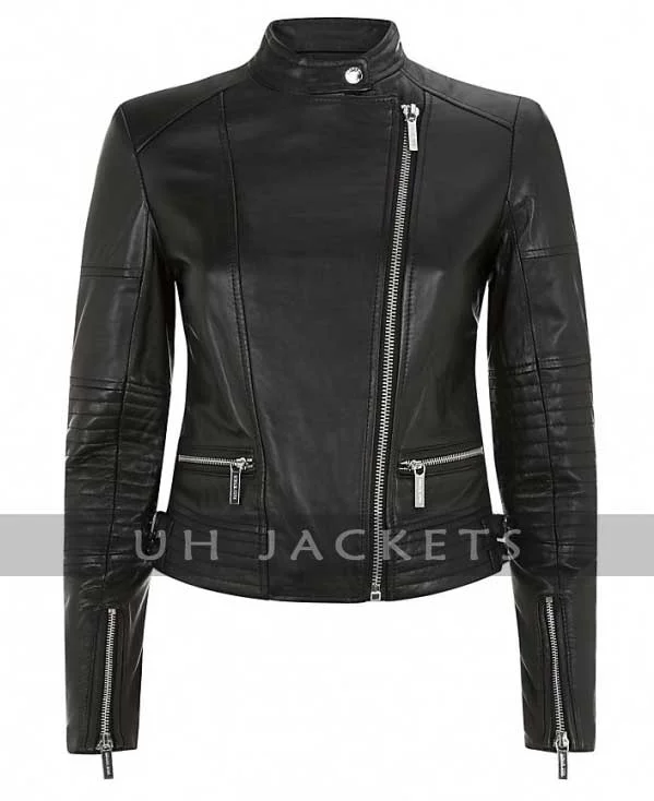 Black Cropped Leather Jacket For Women Front Pockets Side Pockets Patch Pockets