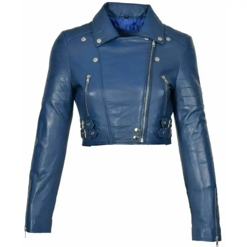 Blue Leather Crop Jacket Anti-Shrink Durable Soft