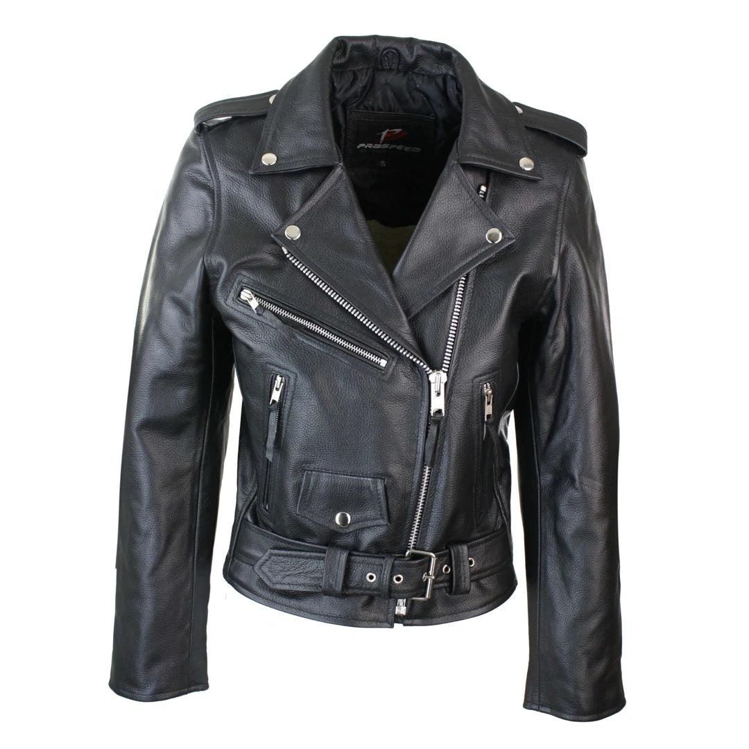 Brando Ladies Women Black Red White Classic Biker Motorcycle Motorbike Hide Leather Jacket Thin T-Shirt Open Front Quick Dry