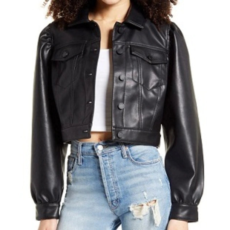 Drop Shoulder Leather Cropped Jacket Collared Crew Neck Turtle Neck