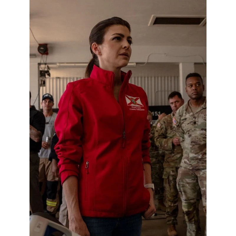 First Lady of Florida Casey Desantis Red Jacket Terry Blend Velvet Blend Canvas Blend