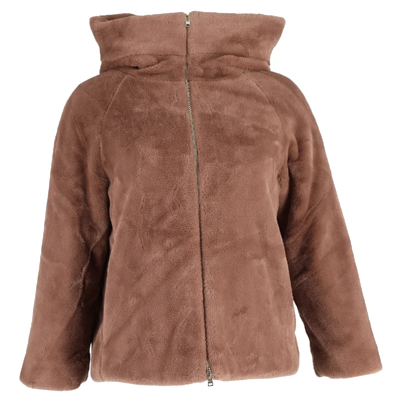 Herno Faux Fur Hooded Jacket in Brown Polyester Asymmetrical Pockets Print