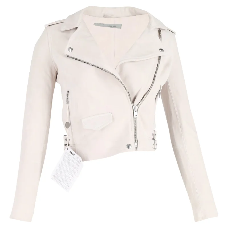 Iro Cropped Biker Jacket in Cream White Lambskin Leather Knit Fabric Woven Fabric Fleece Fabric