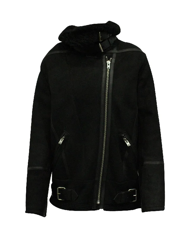 Iro Oversized Biker Jacket in Black Sheep Shearling Notch Collar Peter Pan Collar Cowl Neck